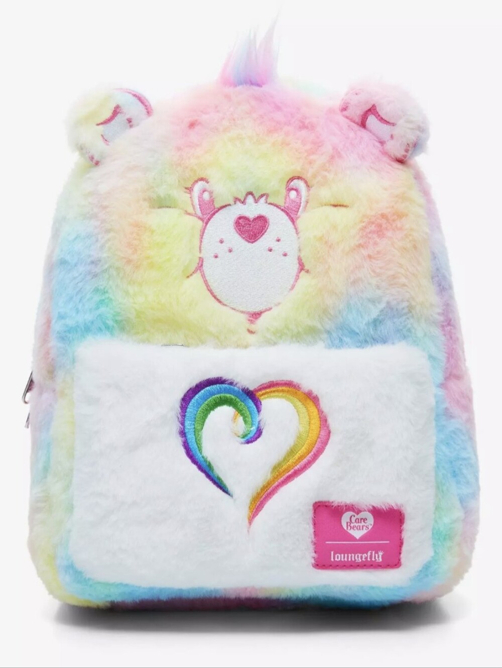 Loungefly Care Bears Pastel Rainbow Fuzzy Mini Backpack Plush Togetherness Heart